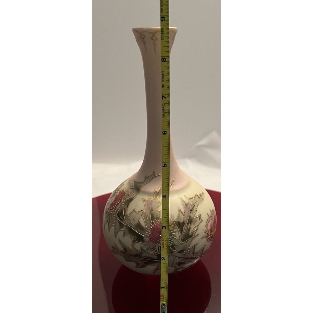 VTG Hand Painted Satin Finish Porcelain  Vase Gold Accented Thistle EUC - Picture 7 of 9